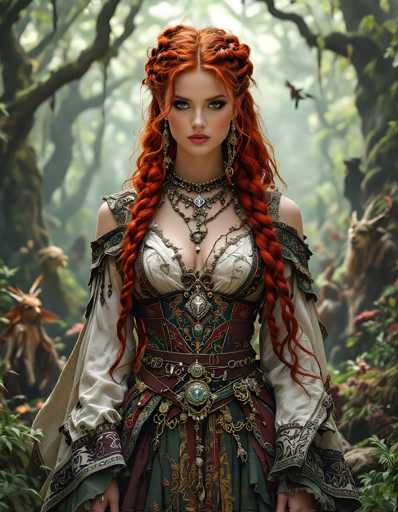 The image depicts a highly detailed, computer-generated or AI-generated fantasy scene featuring a striking woman with vibrant red hair styled in intricate braids. She stands at the center of the frame, gazing directly at the viewer with a serious expression. Her hair is parted in the middle, with two braids framing her face and cascading down to her waist, while the rest of her hair flows freely. She is adorned in elaborate, medieval-inspired attire that includes a white blouse with long sleeves, a low-cut bodice, and a corset-like vest. Her outfit is further embellished with multiple necklaces, a belt, and a skirt, all decorated with intricate gold and silver details. She also wears long, dangly earrings. The background is a mystical forest filled with tall trees, some of which have faces or animal heads, and a bird can be seen flying in the distance. The scene is rich with colors such as red, green, brown, white, black, and gold, enhancing the fantastical and enchanting atmosphere.