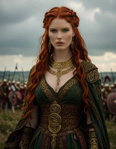 In this captivating image, a striking woman with long, wavy red hair stands prominently in the foreground. Her hair is intricately braided at the top, cascading down to her waist. She gazes directly at the camera with a serious expression, her blue eyes adding to her intense presence. She is adorned in an elaborate green dress, intricately detailed with gold accents. The dress features a deep V-neckline, revealing a hint of cleavage, and is cinched at the waist with a brown belt that boasts a large gold buckle. Her arms are covered by a green cape, also embellished with gold designs, which drapes elegantly over her shoulders.

In the background, a group of men dressed in gold helmets and armor can be seen, each carrying a shield. The scene is set against a backdrop of a cloudy sky, with a faint outline of a mountain range in the distance. The ground beneath them is a mix of green grass and patches of brown dirt, adding to the earthy, medieval atmosphere of the image.