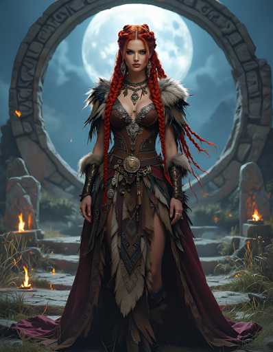 The image depicts a striking, computer-generated female character with long, vibrant red hair styled into multiple braids. She stands confidently on a stone staircase, framed by a large, circular stone archway that resembles a portal. The night sky behind her is illuminated by a full moon, casting a mystical glow over the scene. 

Her attire is a blend of medieval and tribal elements, featuring a leather-like top with a prominent metal clasp and a feathered skirt. She wears a fur capelet over her shoulders, fur wrist guards, and a necklace adorned with feathers. Her ensemble is completed with a large belt and various metal accessories, including rings on her fingers. 

The stone steps she stands on are flanked by small fire pits, adding to the enchanting atmosphere. The overall scene evokes a sense of ancient magic and warrior elegance, reminiscent of characters from fantasy games like World of Warcraft.