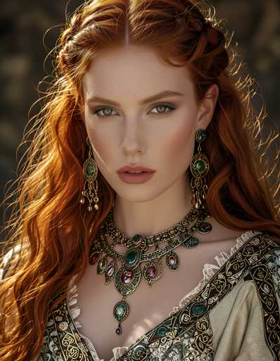 A woman with long red hair wearing a gold and green necklace and earrings is the main subject of this image. The background appears to be a stone wall or a brick wall, suggesting an outdoor setting.