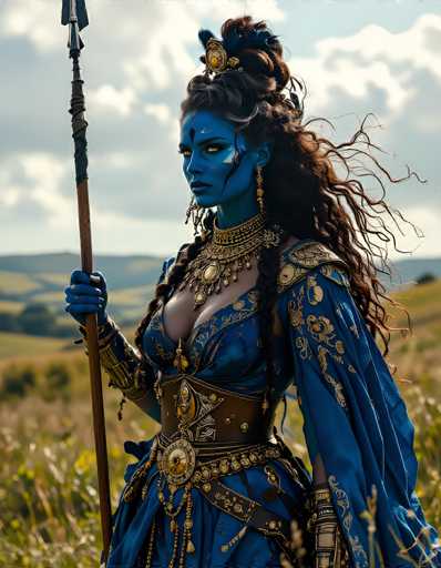 The image depicts a striking scene of a woman with blue skin standing in a vast, open field. She is adorned in an elaborate blue dress that features intricate gold patterns and a low-cut neckline, revealing her chest. The dress is complemented by a brown belt with a gold buckle and a matching brown corset. Her blue skin is accentuated by a diamond-shaped marking on her forehead and a blue diamond-shaped earring. Her long, wavy brown hair is styled in a high ponytail, with a blue feather and a gold medallion at the top. She holds a wooden staff with a black handle in her right hand, which is clad in a blue glove. The background showcases a blue sky filled with white clouds, and the field is dotted with green grass and trees, adding to the serene and mystical atmosphere of the scene.