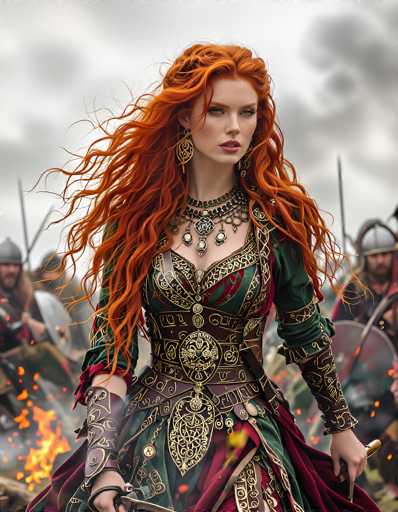 The image depicts a striking scene of a fierce female warrior with long, flowing red hair that cascades past her shoulders. She has fair skin adorned with freckles and captivating blue eyes. Her lips are painted a vivid red, adding to her fierce appearance. She is dressed in an elaborate, medieval-style outfit featuring a green dress with intricate gold and silver accents, including a prominent gold belt and a silver necklace. Her sleeves are rolled up to her elbows, revealing black and gold arm guards. She holds a sword in her right hand, ready for battle. The background is filled with chaos, showing a fiery scene with flames and smoke, and blurred figures of other warriors, some wearing helmets and carrying shields and swords. The overall atmosphere is one of intense conflict and drama, with the red-haired warrior as the central, powerful figure.