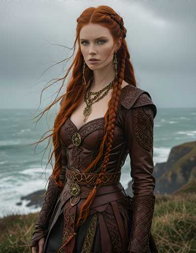 A captivating scene from the 2018 film "The Northman" features a strikingly beautiful woman with long, flowing red hair. She stands on a grassy hill overlooking a vast, gray ocean, with waves crashing against the rocky shore below. The woman is dressed in a dark brown leather dress adorned with intricate gold designs, including a prominent gold belt and a corset-like top. Her hair is styled with a braid that drapes over her left shoulder, while the rest of her hair cascades freely. She wears long, dangling earrings and a necklace with a large pendant, adding to her regal appearance. Her expression is one of intense focus, as she gazes directly at the camera, her lips slightly parted. The overall atmosphere of the image is dark and moody, with the gray sky and ocean enhancing the dramatic and somber tone.