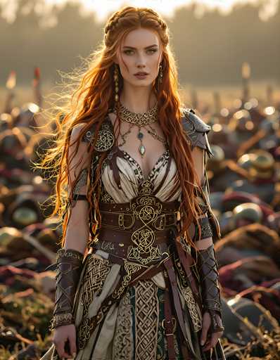 In this captivating image, a woman stands poised in a lush, grassy field, exuding an aura of ancient warrior grace. She is adorned in a striking outfit that blends elements of medieval and fantasy attire. Her ensemble features a white dress intricately detailed with gold accents, complemented by a series of brown belts that cinch her waist and hips. Her forearms are protected by leather bracers, and her shoulders are adorned with metal armor pieces, adding to her formidable appearance.

Her long, flowing red hair cascades down her back, partially braided at the top, with loose strands framing her face. She gazes directly at the camera, her expression serene yet determined. Around her neck, she wears a thick, ornate gold necklace that adds a touch of regal elegance to her warrior garb.

The background is a blur of earthy tones, with hints of green grass and indistinct objects that could be rocks or other elements of the landscape. The overall scene is bathed in a warm, golden light, suggesting the soft glow of either sunrise or sunset, which enhances the mystical and timeless quality of the image.