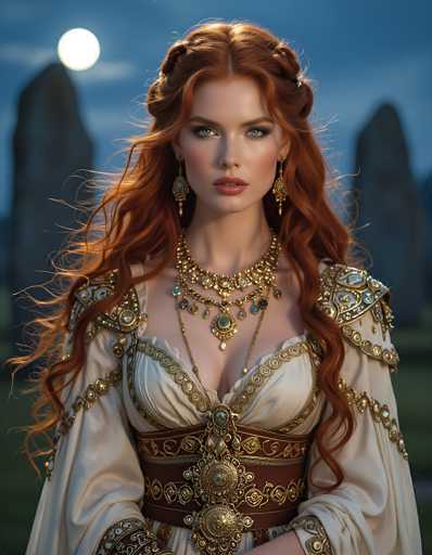 The image depicts a highly detailed, computer-generated or AI-generated scene of a woman with long, wavy red hair, styled with braids on either side of her head. She has striking blue eyes, red lips, and is adorned with large, dangling earrings and an elaborate, multi-layered necklace featuring gold and blue jewels. The woman is dressed in a white gown with intricate gold trim and a brown corset-like belt, which is also decorated with gold accents. The background is a dark blue sky with a full moon, and there are two large, triangular-shaped rocks on either side of her, adding to the mystical atmosphere of the scene.