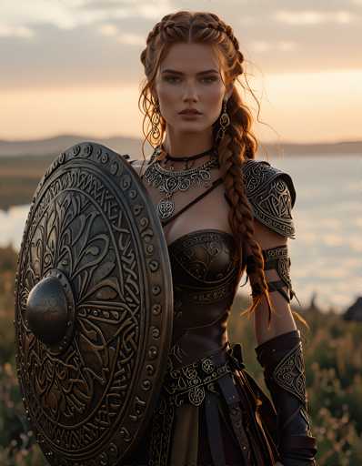 A woman with long red hair and a braid is standing on a hill overlooking the ocean at sunset. She is wearing a black leather outfit that includes a helmet and breastplate, and she has a necklace around her neck. The sky above them is painted in shades of orange and pink, indicating the setting sun over the horizon.