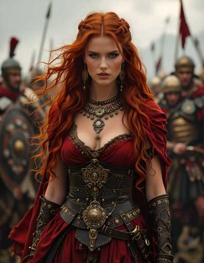 A woman with red hair and a gold necklace stands in front of a group of soldiers wearing armor and holding shields.