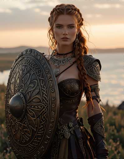 This image features a striking, AI-generated depiction of a fierce female warrior. She is adorned in a detailed, leather-like outfit that includes a bra top and a skirt, complemented by a belt with a prominent buckle. Her ensemble is accentuated with intricate metal armor, including shoulder pads and a large, ornate shield that she holds in her right hand. The shield is adorned with a central dome and surrounded by intricate designs. 

Her long, red hair is styled in a braid that drapes over her left shoulder, and she wears a necklace with a large pendant. Her expression is intense, with her eyes focused directly at the viewer, and her lips slightly parted. The background is a blurred, serene landscape with a body of water and distant mountains, under a sky that transitions from light to darker hues. The overall composition highlights the warrior's powerful presence against the tranquil, yet expansive backdrop.
