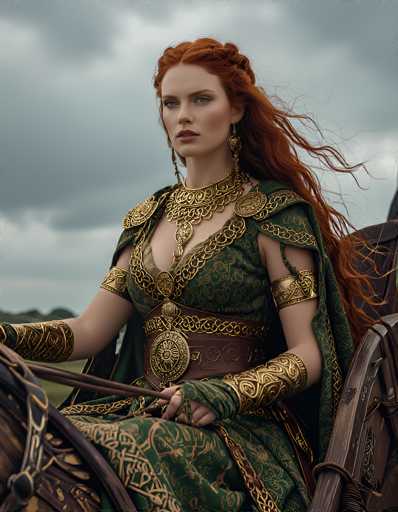 A striking image of a woman with vibrant red hair styled in a braid that drapes over her left shoulder, adorned with a gold clasp. Her hair flows elegantly behind her, adding to her regal appearance. She is dressed in a green dress intricately detailed with gold accents, including a prominent gold belt and a matching gold choker. Her ensemble is complemented by gold armbands and wristbands, enhancing her majestic look. She is seated on a horse, gripping the reins with both hands, her gaze directed straight ahead, exuding a sense of determination and grace. The background features a cloudy sky, with the sun faintly visible, casting a soft light over the scene. The horse's head is not visible in the image, drawing focus entirely to the woman and her elaborate attire.
