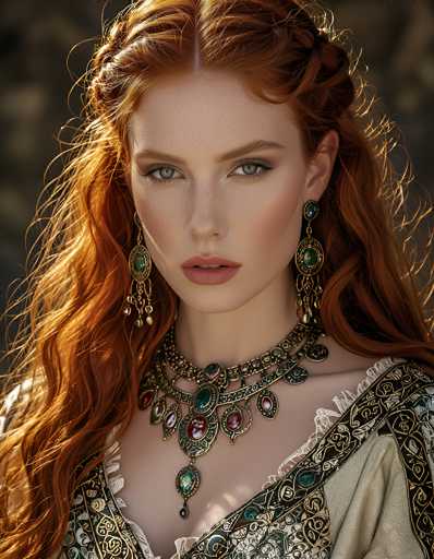 This image features a stunning, AI-generated portrayal of a red-haired woman with a fair complexion and striking blue eyes. She is adorned with an elaborate, ornate necklace that appears to be crafted from gold, embellished with a variety of gemstones, including emeralds, rubies, and sapphires. The necklace is intricately designed, with multiple layers and a prominent central pendant. Complementing her necklace, she wears dangling earrings that are equally ornate, featuring green emerald stones. Her attire is equally opulent, with a dress that is richly detailed, featuring gold and black patterns, and adorned with lace. The dress has a deep neckline, adding to the overall elegance of her appearance. The background is a muted, dark gray, which serves to highlight the vivid colors and intricate details of her attire and jewelry.