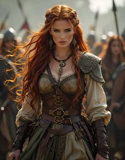 A woman with long red hair and a gold necklace stands in front of a group of people dressed in medieval armor, possibly from the movie "The Warrior". She is wearing a green dress that contrasts with her fiery hair. The background shows a blurred scene of other people in similar attire, suggesting they are part of an event or gathering related to the film's theme.