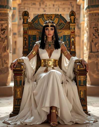 A woman dressed in an Egyptian-style outfit is seated on a throne in the center of a temple. She wears a white dress with gold accents and a headdress adorned with jewels. The background features columns and statues, suggesting a historical or religious setting.