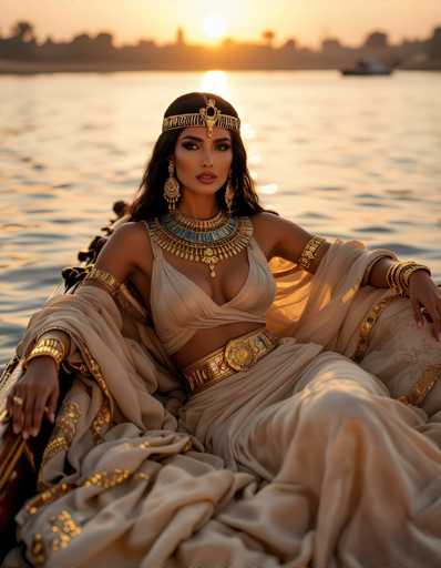 A woman is seated on a boat at sunset, wearing a beige dress and gold jewelry including a headpiece with a blue gemstone.