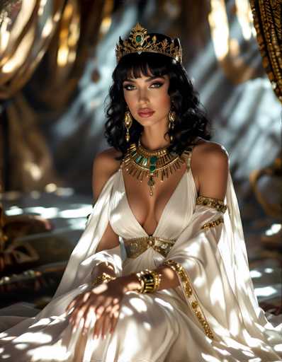The image depicts a strikingly beautiful woman with long, wavy black hair cascading down to her shoulders. She is adorned with a golden crown featuring a prominent green gem at its center. Her makeup is meticulously applied, highlighting her dark eyebrows, long eyelashes, and pink lips. She wears elegant gold earrings and a matching gold necklace embellished with green gems, which complements her low-cut white dress. The dress is accentuated with gold trim around the sleeves and a gold belt cinched at her waist. Her long, manicured fingernails add to her regal appearance. She is seated in a chair, with the background blurred, revealing hints of gold curtains and a white wall. The overall scene exudes an air of royalty and elegance.