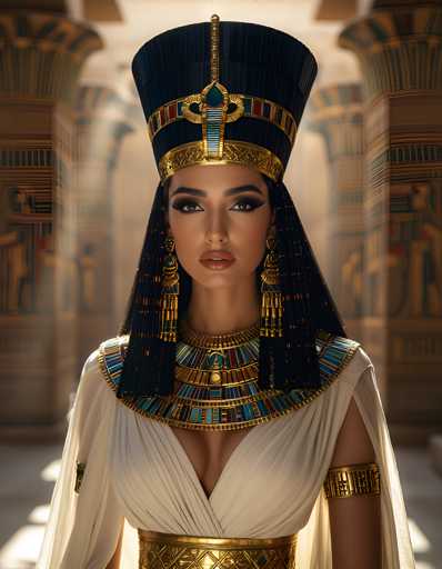The image shows a woman wearing an Egyptian-style dress and headdress with gold accents. She is standing in front of a temple, which has columns and statues visible behind her. The background appears to be the interior of the temple or a similar architectural structure.