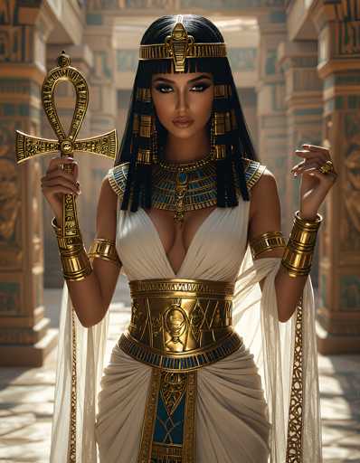 This image portrays a highly detailed, AI-generated depiction of Cleopatra, the renowned ancient Egyptian queen. She stands in a regal pose, adorned in an elaborate white dress with intricate gold and blue accents. Her attire includes a prominent gold belt and a matching gold collar, both embellished with blue details. Cleopatra's headdress is a striking gold piece, featuring a prominent gold face at its center, flanked by long, flowing black hair. She holds a golden ankh in her right hand, symbolizing life, while her left hand is raised, showcasing a large ring on her ring finger. Gold bracelets adorn her wrists, and her dress features a low-cut neckline that reveals a hint of cleavage. The background is a blurred representation of an Egyptian palace, with golden columns and blue accents, enhancing the overall grandeur of the scene.