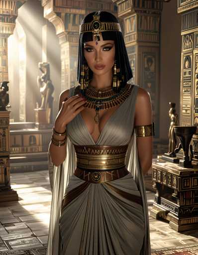 A woman dressed in an ancient Egyptian costume stands in a grand room with columns and statues, wearing a white dress with gold accents and a headdress adorned with jewels.