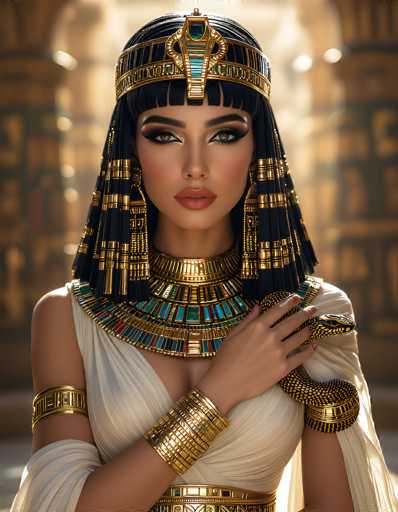 This image depicts a highly detailed, computer-generated portrayal of Cleopatra, the ancient Egyptian queen. She is adorned in a striking white dress with intricate gold trim, and her ensemble includes a matching gold belt and armband. Her headdress is elaborate, featuring a gold band with a central turquoise jewel and black hair styled in a fringe. She wears a large, ornate necklace with gold and turquoise accents, and a golden snake coiled around her left arm. Her makeup is meticulously applied, with dark eyebrows, eyeliner, and pink lipstick. The background is blurred, suggesting a grand, possibly Egyptian temple setting, with golden hues and indistinct architectural elements. The overall image is vivid and clear, capturing the regal essence of Cleopatra.