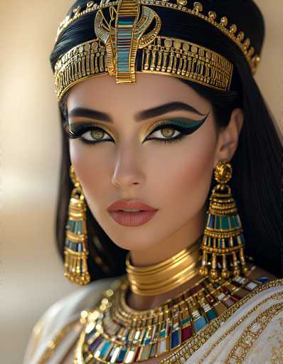 This image portrays a strikingly beautiful woman with a captivating gaze. Her eyes are accentuated with dramatic, long eyelashes and bold black eyeliner that extends into a sharp cat-eye shape. The eyeliner is adorned with a touch of gold, adding a touch of glamour to her look. Her lips are painted a soft pink, complementing her fair complexion.

Her black hair is elegantly styled, and she wears an elaborate gold headband that sits atop her head. The headband features intricate designs, including a prominent blue and gold centerpiece that adds a regal touch to her appearance. She is adorned with long, dangling earrings that are gold and blue, matching the colors of her ornate necklace. The necklace is a stunning piece, composed of gold and blue stones that form a collar-like design around her neck.

The woman is dressed in a white gown that is intricately decorated with gold and blue patterns, harmonizing with the colors of her jewelry. The background of the image is a soft beige, which allows her striking features and attire to stand out even more prominently.