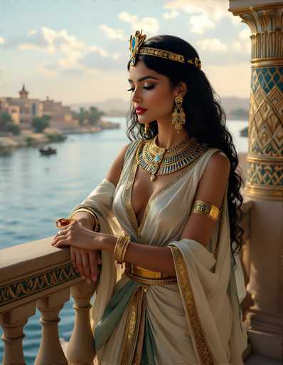 The image depicts a highly detailed, computer-generated or AI-generated painting of a woman in ancient Egyptian attire, standing on a balcony overlooking a serene body of water. She is adorned in a flowing white robe with gold trim, and her ensemble includes a gold belt, a gold armband, and multiple gold bracelets. Her long, curly black hair cascades down her back, and she wears a gold headband with a blue jewel at the front. Her makeup is meticulously applied, featuring red lipstick and heavy eye makeup. She accessorizes with large, ornate gold earrings and a thick, elaborate gold necklace. The woman's hands are elegantly posed, with one resting on the balcony railing and the other on top of it. The background reveals a picturesque view of water, buildings, and trees, with a few boats visible on the water. The sky is a light blue with scattered clouds, adding to the tranquil atmosphere of the scene.