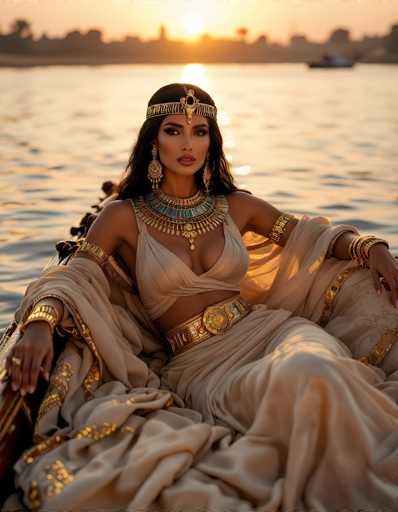 In this captivating image, a woman is seated on a luxurious throne adorned with gold accents, positioned on a serene body of water. The backdrop features a stunning sunset, casting a warm glow over the scene. The woman, who appears to be of Egyptian descent, is dressed in an elaborate white gown with intricate gold detailing. Her attire includes a gold belt, armbands, and a flowing cape that drapes elegantly around her. She wears a striking gold necklace with blue accents, and her head is adorned with a golden crown. Her long, dark hair cascades down her shoulders, complementing her dark eyes and full lips. She gazes directly at the camera, exuding an aura of regality and timeless beauty.