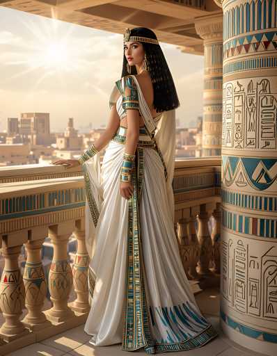 A woman dressed in an ancient Egyptian costume stands on a balcony overlooking the city of Memphis, Egypt. The balcony is adorned with blue and white columns that add architectural charm to the scene. The woman wears a white dress with gold accents and a headdress embellished with feathers, embodying the elegance and grandeur associated with ancient Egyptian culture.
