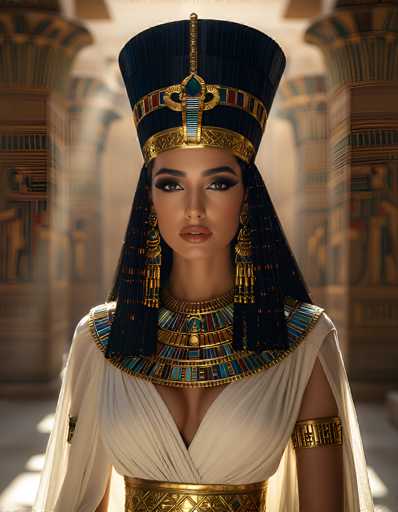 This image portrays a highly detailed, computer-generated depiction of Cleopatra, the ancient Egyptian queen. She is adorned in a striking white dress with a V-neckline, intricately embellished with gold and turquoise jewelry that extends from her neck down to her waist. Her ensemble includes a gold belt and a gold armband on her left arm. Cleopatra's headdress is a tall, black structure with gold accents, featuring a prominent jewel at the front and a gold band at the base. Her long, black hair cascades down to her shoulders, framing her face, which is accentuated with heavy eye makeup, including thick eyeliner and mascara. She wears large, ornate gold earrings that dangle from her ears. The background suggests she is standing in an Egyptian temple, with columns adorned in gold and turquoise hues, and sunlight streaming through the windows, casting a warm glow on the scene.
