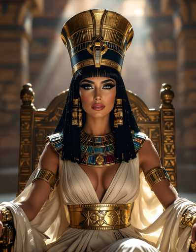 The image depicts a strikingly realistic portrayal of Cleopatra, possibly a highly detailed 3D rendering or a photograph. She is seated on an ornate, gold throne adorned with intricate hieroglyphics and flanked by two golden pillars. The background is blurred, suggesting a grand, ancient setting. Cleopatra's attire is elaborate, featuring a low-cut white dress with a gold belt and matching gold cuffs on her wrists. Her headdress is a tall, golden crown with a blue band and a prominent gold face in the center. She has long black hair styled with bangs and wears large, golden earrings. Her makeup is bold, with dark eyeshadow, long eyelashes, and pink lipstick. The overall composition highlights her regal presence and the opulence of her surroundings.