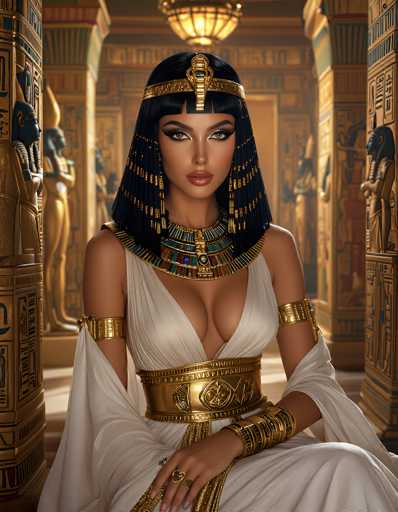 This image portrays a strikingly realistic AI-generated depiction of Cleopatra, seated gracefully in an opulent Egyptian palace. The background features a series of golden pillars adorned with intricate hieroglyphics and statues of pharaohs, enhancing the regal atmosphere. Cleopatra herself is adorned in a stunning white gown with a low-cut neckline, complemented by a gold belt and armbands. Her elaborate headdress, complete with a gold band and a prominent green jewel, frames her face elegantly. She wears a large, ornate necklace with a gold centerpiece, adding to her majestic appearance. Her makeup is meticulously applied, with bold red lipstick and dramatic eye shadow, and her long black hair cascades down her shoulders. The overall composition exudes a sense of timeless beauty and grandeur, capturing the essence of Cleopatra's iconic status.