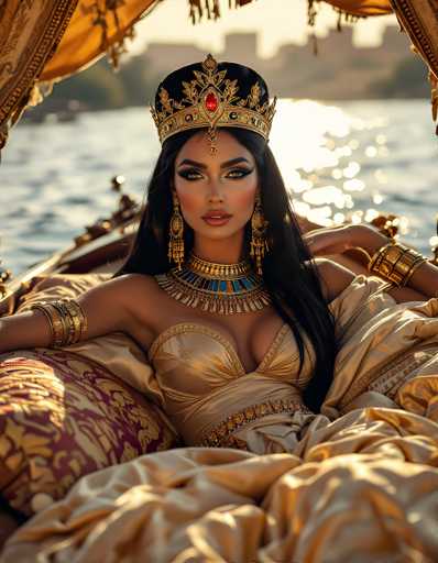 The image depicts a strikingly beautiful woman with long, dark hair, adorned in an elaborate Egyptian-inspired outfit. She is seated on a luxurious gold and red cushion, possibly within a boat or tent-like structure, with a serene body of water and distant buildings in the background. Her attire includes a golden dress with a deep neckline, complemented by an ornate collar featuring gold, blue, and turquoise hues. She wears a grand black and gold crown embellished with a prominent red jewel, and her ears are adorned with long, dangling gold earrings. Her wrists are decorated with multiple gold bangles, and her neck is graced by a thick, golden necklace with intricate designs. The woman's makeup is dramatic, with heavy eye makeup and bold red lips, enhancing her regal appearance. The overall scene exudes an air of opulence and ancient Egyptian splendor.