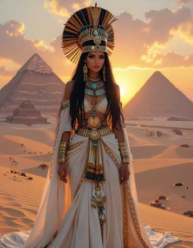 The image depicts a strikingly detailed scene of an Egyptian woman standing in front of the iconic pyramids at sunset. The woman, who appears to be a digital creation, is adorned in elaborate ancient Egyptian attire. She wears a grand headdress with a gold fan-like structure and a black band, and her long, dark hair cascades down to her waist. Her outfit is a white dress with gold trim, featuring a revealing midriff section and a gold belt. She also has a white cape-like garment draped over her shoulders, and her arms are adorned with gold bracelets. Around her neck, she wears a large, ornate necklace with a prominent blue jewel. The background showcases the majestic pyramids of Egypt, with the sun setting behind them, casting a warm glow over the scene. The sky is a mix of blue and orange hues, with clouds tinged by the sunset. The woman stands on a sandy terrain, with her dress flowing around her feet, completing this captivating portrayal of ancient Egyptian elegance.