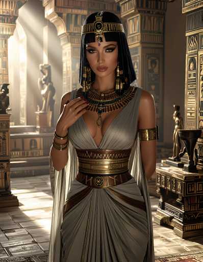 The image depicts a highly detailed, computer-generated representation of Cleopatra, standing in the center of an opulent Egyptian palace. She is adorned in a striking gray dress with intricate gold and bronze accents, including a prominent belt and a large, elaborate necklace. Her head is crowned with a golden headpiece featuring a jewel hanging between her eyes, and she wears long, dangling earrings. Cleopatra's right hand is raised to her neck, showcasing her red-painted nails. The background reveals a grand palace with golden walls, numerous statues, and ornate decorations, including a statue of an Egyptian woman on a pedestal. The floor is tiled in gray, and sunlight streams through windows, casting a warm glow on the scene. The overall color palette includes shades of gold, bronze, gray, black, red, and brown, enhancing the regal and luxurious atmosphere.