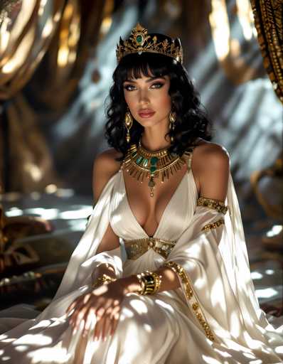 A woman is seated on a bench with her hands resting on her lap and wearing a white dress adorned with gold accents. She is also wearing a crown and earrings, suggesting she may be royalty or attending a formal event. The setting appears to be indoors, possibly in a palace or grand hall, as indicated by the presence of curtains and other ornate decorations.