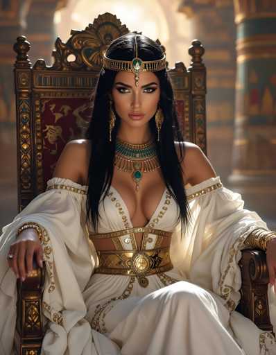 A woman is seated on a throne-like chair with gold accents and a red cushion, wearing a white dress adorned with gold embroidery and a crown of jewels.