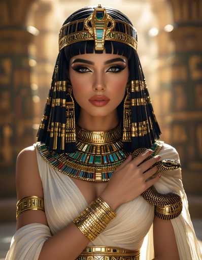 The image depicts a woman wearing an ancient Egyptian costume with a large headdress and gold jewelry. She is standing against the backdrop of a building, suggesting that she might be in a historical or cultural setting. The woman's pose and attire give off an air of elegance and sophistication, which is characteristic of ancient Egyptian fashion.