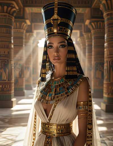 The image depicts a highly detailed, computer-generated representation of an Egyptian queen standing in a grand, ornate hall. The hall features towering, intricately carved columns adorned with hieroglyphics and vibrant colors, including gold, blue, and green. The floor is a pristine white marble, adding to the regal atmosphere. 

The queen herself is adorned in a striking white dress with a V-neckline, embellished with gold and blue accents. A large, elaborate collar, resembling a multi-tiered necklace, extends from her neck down to her chest. Her waist is cinched by a gold belt, and she wears a flowing white robe. 

Her head is crowned with an impressive black and gold headdress, topped with a golden cobra, symbolizing royalty. The headdress features long, black and gold tassels that cascade down either side of her face. She has dark, expressive eyes and full lips, and her skin is a rich brown tone. 

Adding to her regal appearance, she wears a gold armband on her left arm and a gold bracelet on her wrist. The overall scene is bathed in sunlight streaming through the hall, highlighting the queen's majestic presence and the opulence of her surroundings.
