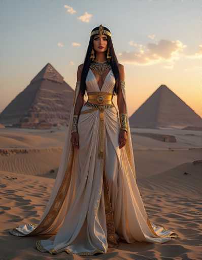 A captivating image features a woman standing in front of two majestic pyramids, with the larger pyramid positioned on the left and the smaller one on the right. The sky above is a serene blue, adorned with a few scattered clouds. The woman, who appears to be of Egyptian descent, is dressed in an elaborate white gown that is intricately detailed with gold accents. The gown features a deep V-neckline, a gold belt, and a gold sash that elegantly drapes over her right leg. She wears a golden headband that complements her long, flowing black hair. Her attire is further embellished with gold armbands and a striking gold necklace. The ground beneath her is a vast expanse of sand, adding to the desert ambiance of the scene.