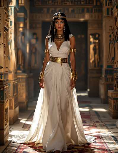 In this captivating image, a woman stands poised in the center of an ancient Egyptian temple, exuding an aura of regality. She is adorned in a stunning white dress that features a V-neckline and a gold belt cinched at her waist. Her attire is complemented by elegant gold bangles on her wrists and arms, and a striking gold headband that encircles her forehead. Her long, black hair cascades down her back, framing her face which is accentuated by a touch of pink lipstick. She gazes directly at the camera, her expression serene yet powerful.

The temple around her is a marvel of ancient architecture, with golden pillars and intricate carvings that tell stories of a bygone era. The floor beneath her is covered by a richly patterned carpet, adding to the opulence of the setting. The overall scene is bathed in warm, golden light, enhancing the timeless beauty of the moment.