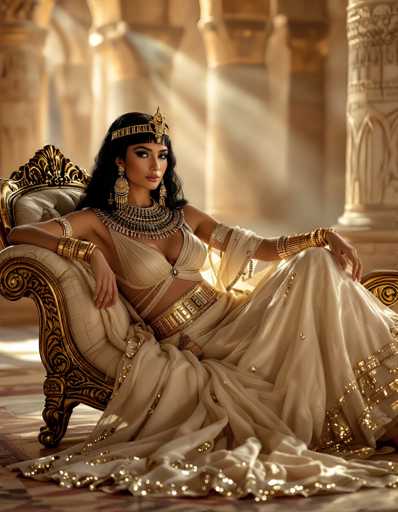 The image depicts a highly detailed, photorealistic AI-generated portrayal of Cleopatra, seated on an ornate, gold-trimmed chair with a white cushion. She is adorned in an elaborate Egyptian-style dress, featuring a cream-colored top with a gold clasp and a flowing skirt embellished with gold sequins. Her attire is complemented by intricate gold jewelry, including a large, ornate necklace, multiple bracelets, and a golden headband with a jewel at the front. Cleopatra's long black hair cascades down her shoulders, and she wears large, dangling gold earrings. The background showcases a grand, ancient Egyptian setting with tall white marble columns and a floor patterned in red and white. Sunlight streams through the windows, casting a warm glow on the scene, enhancing the regal and majestic atmosphere.