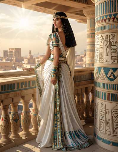 The image depicts a highly detailed, computer-generated scene of an Egyptian princess standing on a balcony. She is adorned in a long, flowing white dress with intricate gold and blue patterns, including hieroglyphics along the bottom hem. The dress features a single shoulder strap and a sash that wraps around her waist and drapes down her back. Her black hair cascades down her back, and she wears a gold headband with a jewel at the front. Large gold earrings dangle from her ears, and she has red lipstick on. Her arms are adorned with gold bracelets, and she wears a gold armband on her right arm. The balcony itself is constructed from tan stone with blue and red hieroglyphics, and the background reveals a cityscape of tan buildings under a bright blue sky with the sun shining. To her right, a large pillar decorated with hieroglyphics stands prominently. The overall scene is rich in detail, capturing the essence of ancient Egyptian royalty.