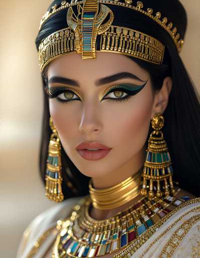 The image shows a close-up portrait of an Egyptian queen or princess wearing a gold headdress and necklace with blue and green accents. The background is blurred, drawing attention to the subject's face and attire.