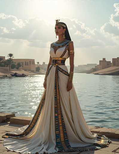 This image depicts a highly detailed, computer-generated scene of an Egyptian woman standing on a stone platform by a river. The woman, who has dark skin and long black hair, is adorned in an elaborate white dress with intricate gold and blue patterns, including hieroglyphics. She wears a golden headpiece with a blue band, and her attire is complemented by gold bangles on her wrists and a blue necklace. Her dress features a low-cut neckline and a belt with gold and blue stripes, and it flows gracefully to the ground. The background showcases a serene river flanked by buildings and palm trees, with a boat visible on the water. The sky above is a light blue, dotted with clouds, and the sun shines brightly, casting a warm glow over the entire scene.