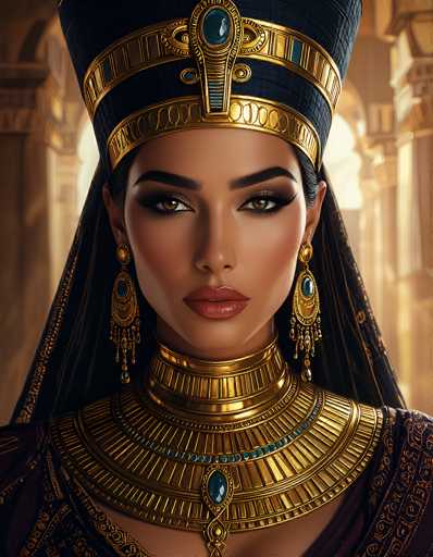 This image portrays a strikingly beautiful woman with dark, possibly black hair, adorned in an elaborate Egyptian-style headdress. The headdress is predominantly black with intricate gold trim and features a prominent turquoise jewel at the front, complemented by a gold band that encircles her forehead. Her makeup is bold and dramatic, with dark eyebrows, smoky eye shadow, and red lipstick that accentuates her features. She wears large, ornate gold earrings with turquoise jewels, matching the ones on her headdress and a grand, layered gold necklace that extends down to her chest. The necklace is detailed with turquoise jewels and a large central turquoise gem. Her attire is a richly decorated black dress, embellished with gold accents. The background is slightly blurred, revealing grand architectural elements like columns and arches, suggesting she stands in an opulent, possibly ancient Egyptian setting. The overall composition of the image is highly detailed and realistic, capturing the essence of regal elegance and historical grandeur.