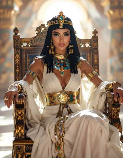 A woman dressed in an Egyptian-style outfit is seated on a throne with her hands resting on the seat and her legs crossed at the ankles. She wears a white dress adorned with gold accents and a large headdress featuring a blue gemstone at the top. The background reveals a grand room filled with columns, suggesting that she may be in a palace or similar regal setting.