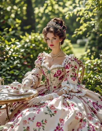 In this captivating photograph, a woman is elegantly seated in a lush garden, exuding the grace of a bygone era. She wears a stunning white gown adorned with intricate pink floral patterns and delicate green leaves, reminiscent of a Victorian or Edwardian period dress. Her attire is complemented by white gloves, a sparkling diamond necklace, and dangling diamond earrings, while a tiara rests majestically atop her dark brown hair, styled into an elegant updo. Her makeup is meticulously applied, featuring bold red lipstick and a touch of blush on her cheeks, enhancing her regal appearance.

The woman is positioned in front of a small, round table with a gold rim and a white top, upon which sits a teapot and a teacup, suggesting a serene tea moment. The background is a blur of vibrant greenery, with trees and bushes creating a natural, serene setting. The sunlight filters through the foliage, casting a warm glow on the scene, adding to the timeless and romantic atmosphere of the photograph.