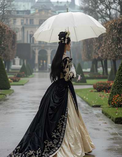 In this captivating image, a woman stands gracefully on a wet, gray stone pathway, holding a white umbrella with a brown handle. She is adorned in a stunning black dress with intricate gold embroidery along the bottom hem, which flows elegantly to the ground. The dress features a cream-colored underlay and is embellished with gold floral patterns on the sleeves. Her long, black hair cascades down her back, partially covered by a black hat adorned with white flowers and a gold chain. She wears a white glove on her left hand, which is raised to her face, and a long earring dangles from her ear. The background reveals a grand, multi-story building with a green roof, framed by lush trees and bushes on either side of the pathway. The scene is set on a rainy day, with water glistening on the ground, adding to the serene and picturesque atmosphere.