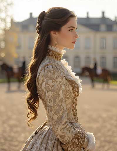 In this captivating photograph, a young woman stands in profile, her gaze directed to the right. She is adorned in a stunning, old-fashioned dress reminiscent of the 1800s, featuring a high collar and intricate gold embroidery. The dress is a delicate light beige, embellished with ornate gold floral patterns and a ruffled white collar. Her long, dark brown hair cascades down her back, elegantly styled with a braid at the top. She wears white gloves and a single gold earring, adding to her refined appearance. The background is artistically blurred, drawing focus to her poised figure. Behind her, a grand white mansion with a gray roof and multiple chimneys looms, its windows reflecting the sunlight. To the left, a tree stands tall, while to the right, a dirt road stretches out, leading to two brown horses. One horse is ridden by a man in a black suit, and the other stands alone, adding a touch of rustic charm to the scene.