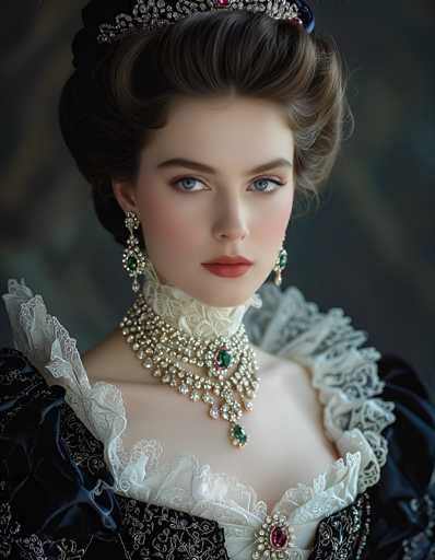 This image depicts a highly detailed, realistic painting of a woman dressed in elaborate 18th-century attire, reminiscent of a royal or aristocratic figure. She has fair skin, blue eyes, and her brown hair is styled in an updo, adorned with a silver tiara that features a prominent red jewel. Her makeup is subtle, with light pink blush and red lipstick. She wears long, dangling earrings that are silver with green jewels, matching the green jewels on her ornate necklace. The necklace is a multi-tiered piece, primarily silver with green accents, and it sits high on her neck, almost like a choker. Her dress is a dark blue or black with intricate silver lace detailing and white ruffles around the shoulders and chest. The background is a muted gray, which further accentuates the vividness of her attire and accessories.