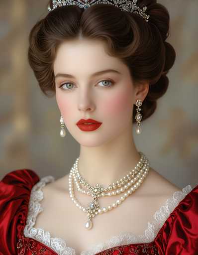 This image features a young woman, likely in her late teens or early twenties, with fair skin and striking green eyes. Her dark brown hair is styled in an elegant updo, adorned with a silver tiara that adds a touch of regality. She wears a vibrant red dress, intricately designed with white lace trim around the neckline and shoulders. The dress is made of a rich, red satin material, adding to the overall luxurious appearance. Around her neck, she sports a double strand of pearls, with an additional strand featuring a central pendant. Her makeup is meticulously applied, with bright red lipstick and a dusting of blush on her cheeks. She accessorizes with dangling earrings that complement her sophisticated look. The background is a muted gray, ensuring that all attention remains on her.