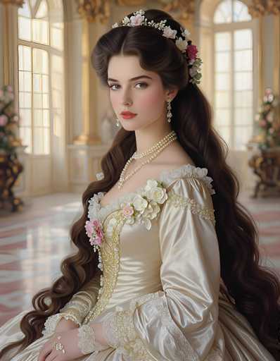 The image depicts a young woman, possibly in her late teens or early twenties, with long, dark brown hair styled in a half-up, half-down manner. Her hair is adorned with a floral headband and a few flowers, adding to her elegant appearance. She has striking brown eyes, red lips, and is wearing a double strand of pearls around her neck. Her attire is a cream-colored dress with intricate lace detailing and floral embellishments, including pink flowers on the bodice. The dress features a deep neckline and long sleeves, with a ruffled collar and additional lace accents. She accessorizes with dangling earrings and a ring on her right hand. The woman is seated in a grand, ornate room with large windows, gold trim, and a marble floor with pink and white patterns. The background is slightly blurred, emphasizing her as the focal point of the image.